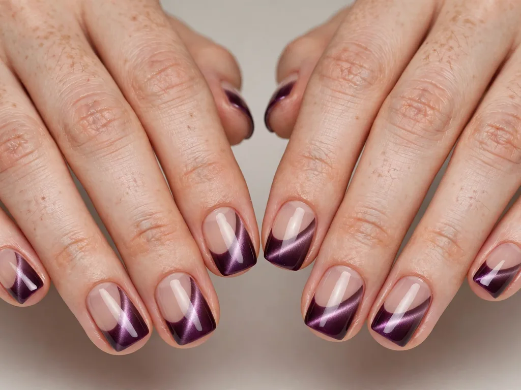 Short cat eye French tip nails in deep plum on squoval nails
