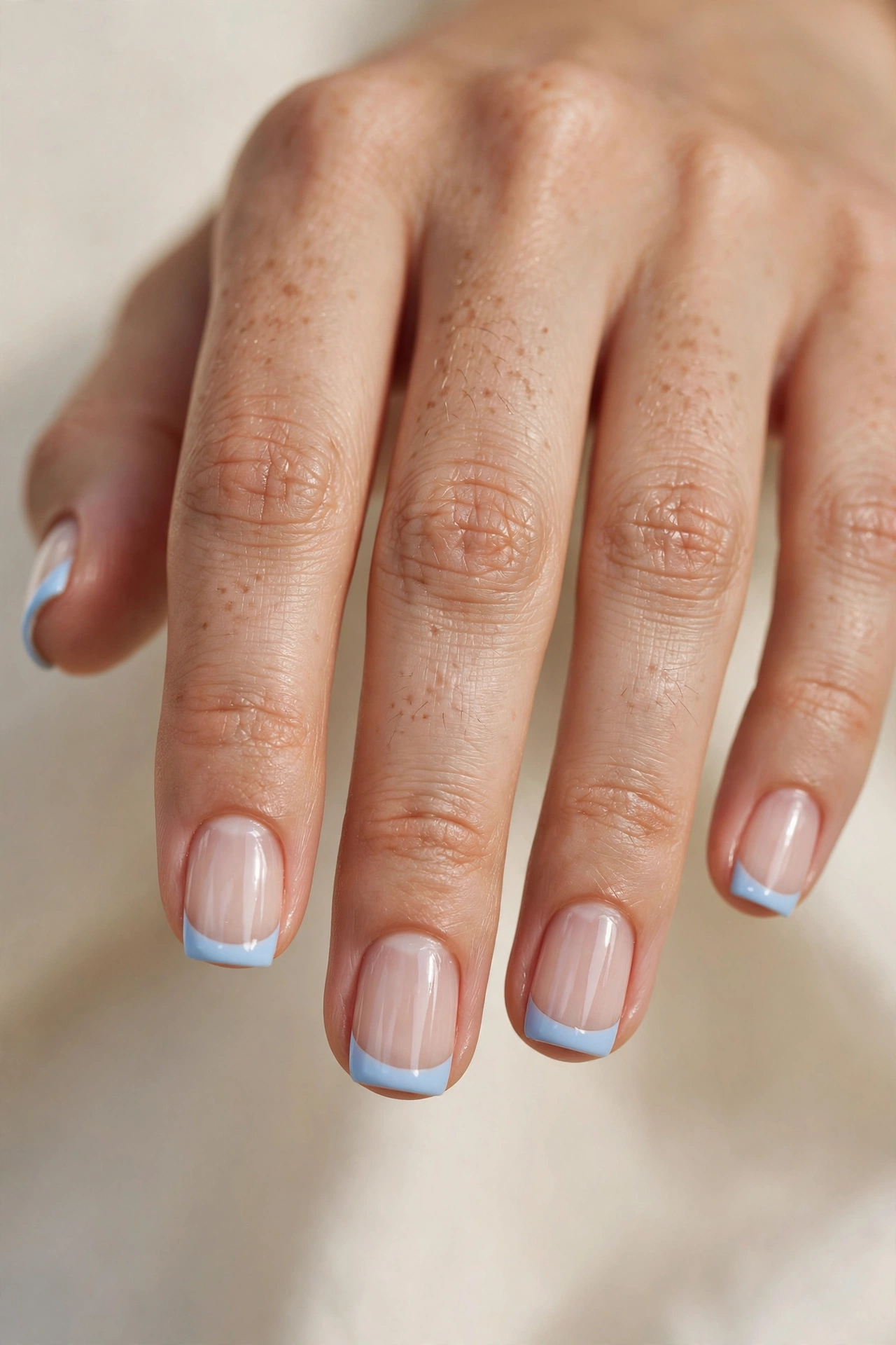 Short square nails with neat baby blue French tips over a sheer natural base.