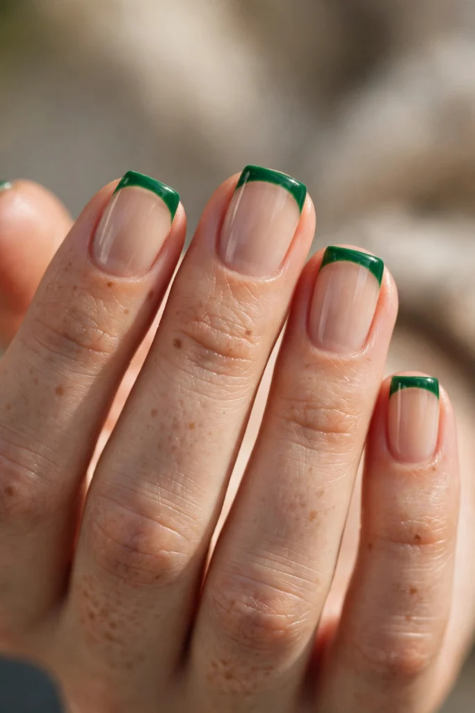 Short square nails with neat classic emerald green French tips over a sheer natural base.
