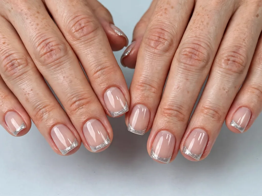 Short square nails with silver glitter French tips