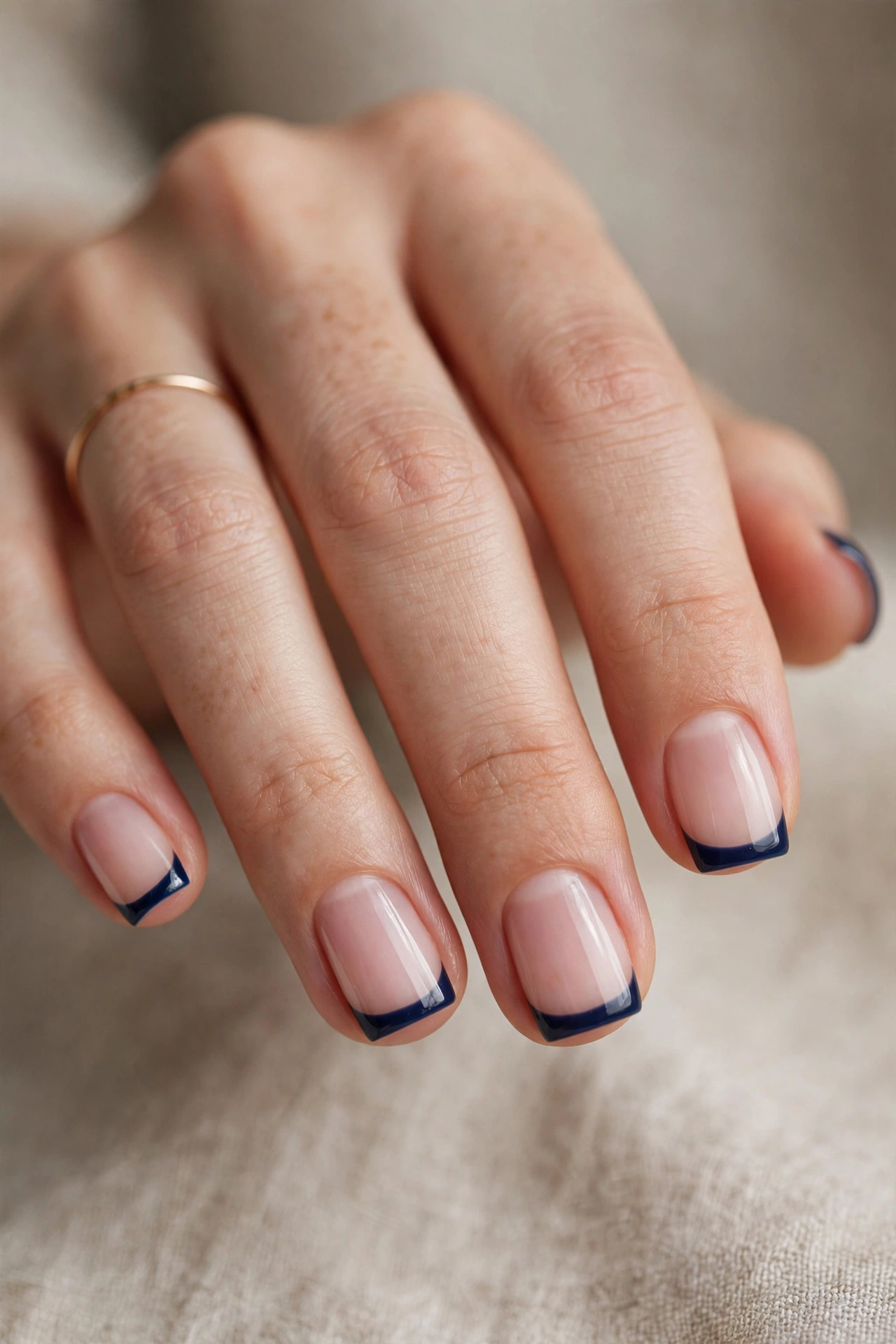Short square nails with a slim band of deep navy French tips over a sheer natural base.