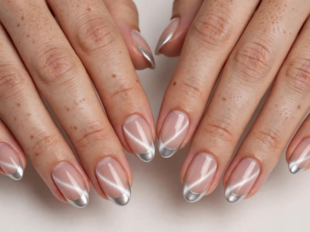 Silver cat eye French tip nails with a glowing light band on almond-shaped nails