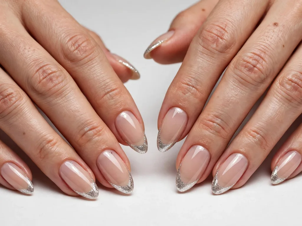Silver fine glitter French tip nails on almond-shaped nails over a sheer nude base