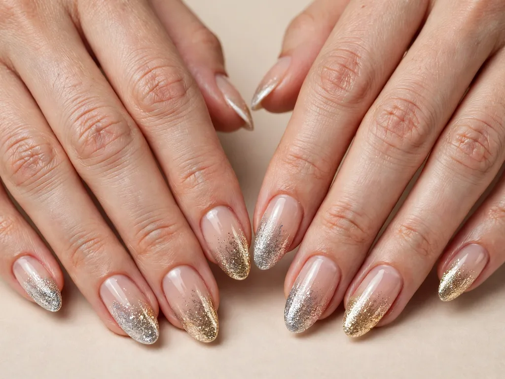 Silver and gold glitter gradient French tip nails on almond nails