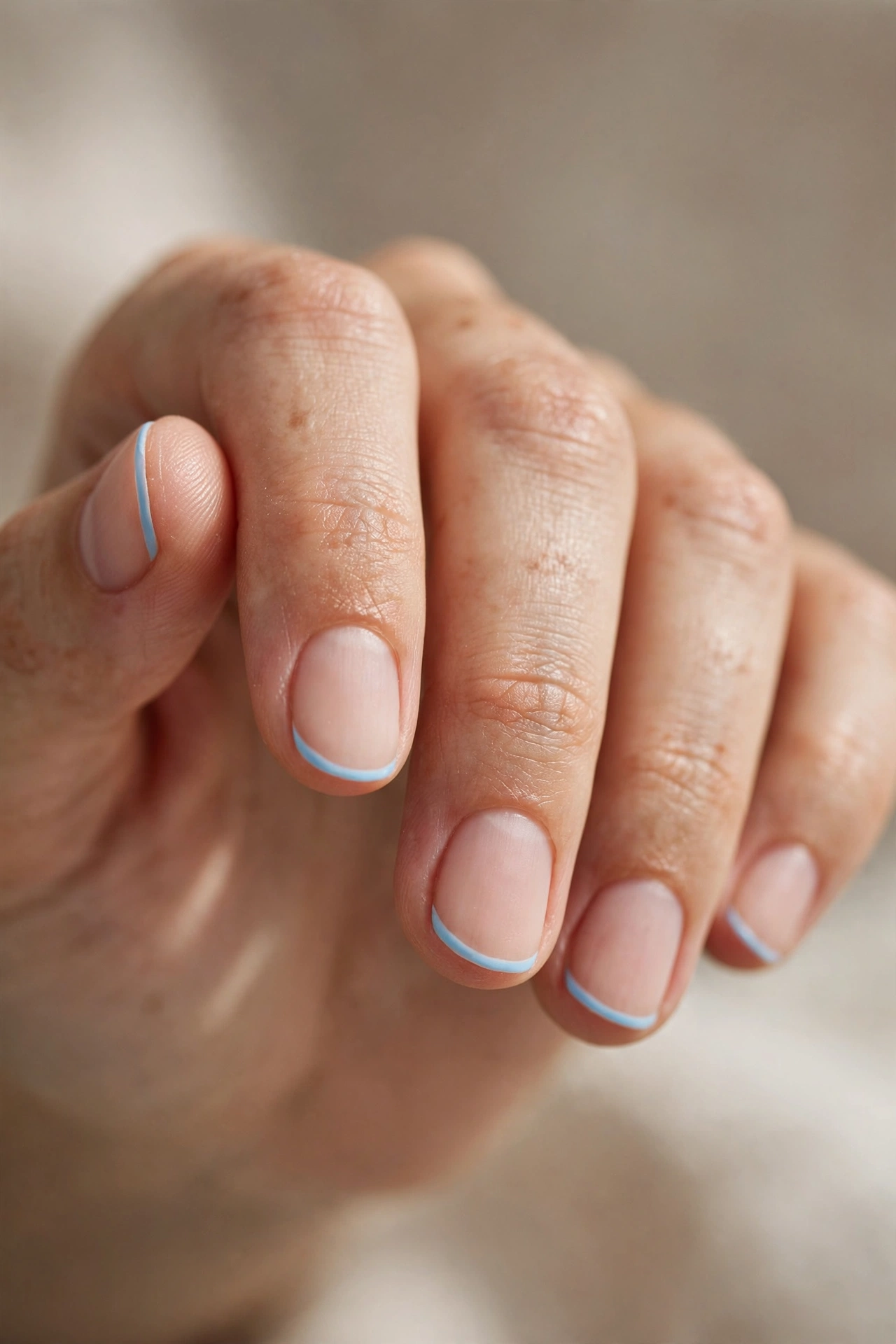 Close-up of short round nails with thin sky-blue micro French tips.