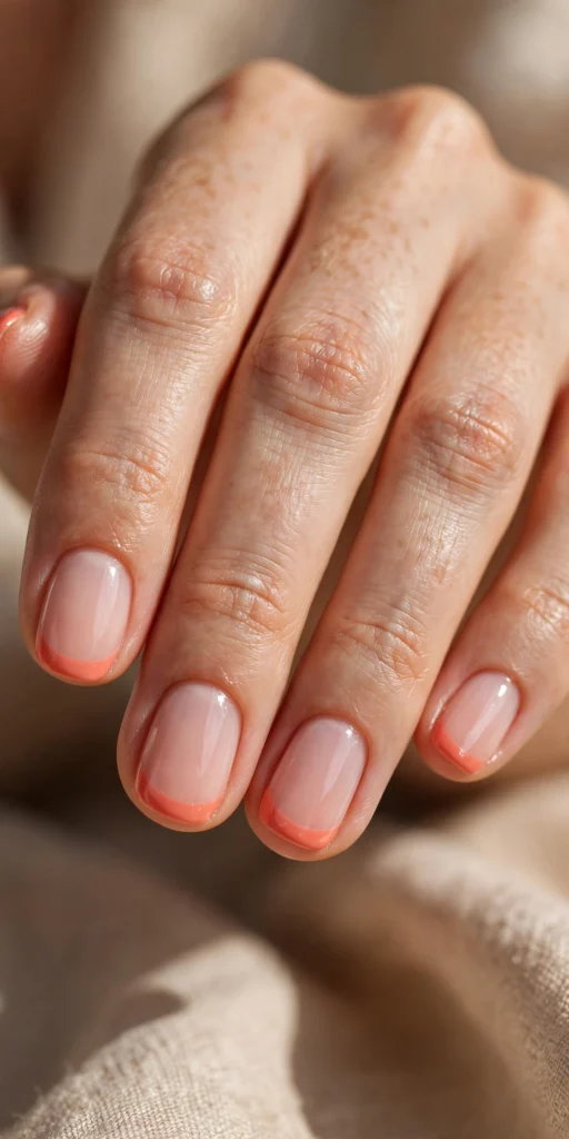 Close-up of short rounded squoval nails with soft coral pink-orange French tips over a sheer milky base