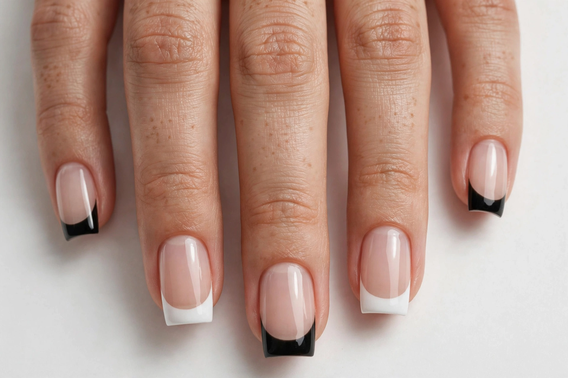 Black and white square French tip nails alternating black and white tips on a sheer nude base, shown on medium square nails.