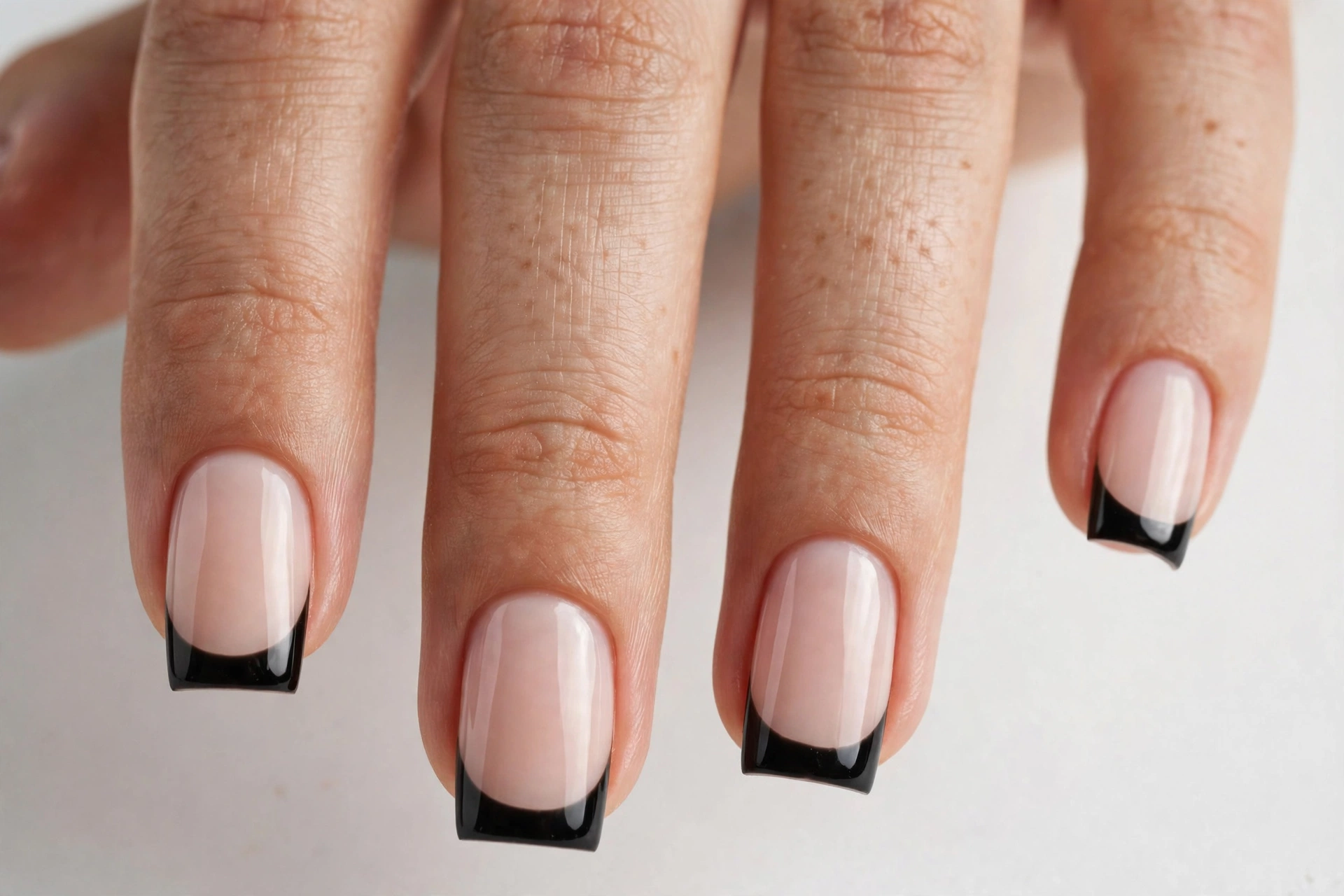 Black square French tip nails with jet black glossy tips on a milky nude base, shown on medium square nails.
