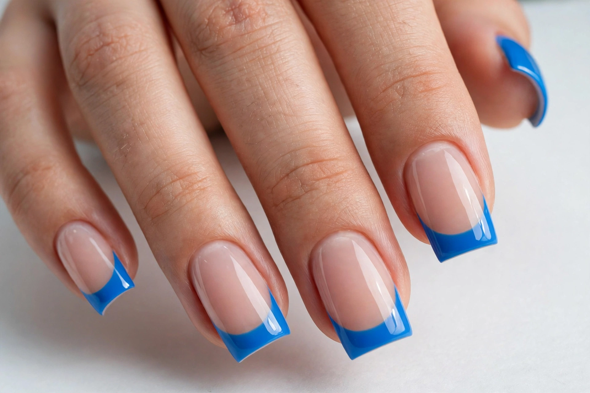 Blue square French tip nails with bright blue glossy tips on a sheer nude base, shown on medium square nails.