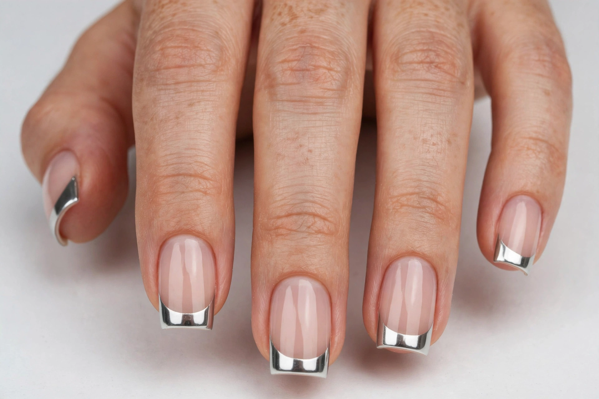 Chrome square French tip nails with silver chrome mirror tips on a sheer nude base, shown on medium square nails.