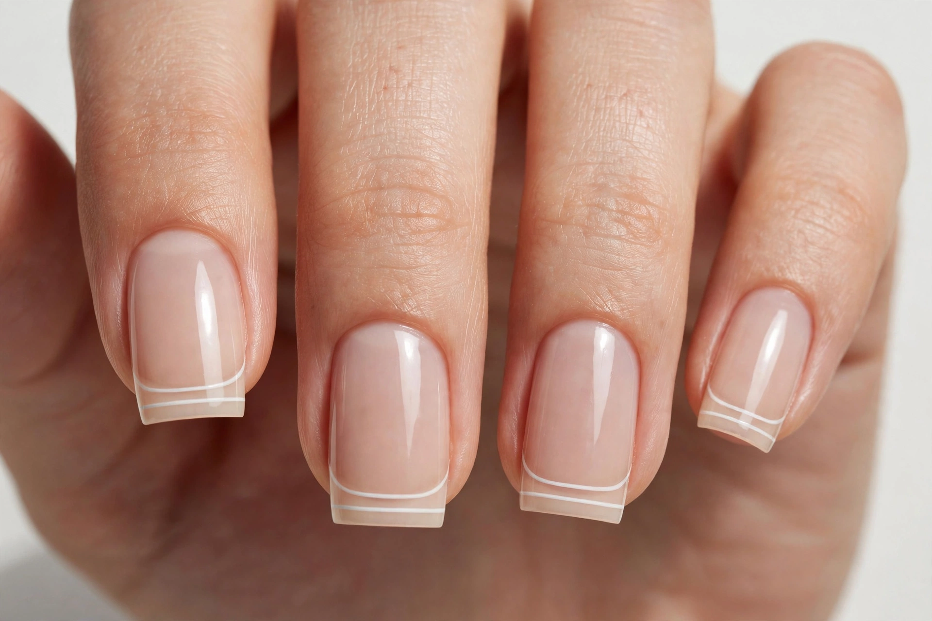 Double-line square French tip nails with two thin white lines at the tip on a sheer nude base, shown on medium square nails.