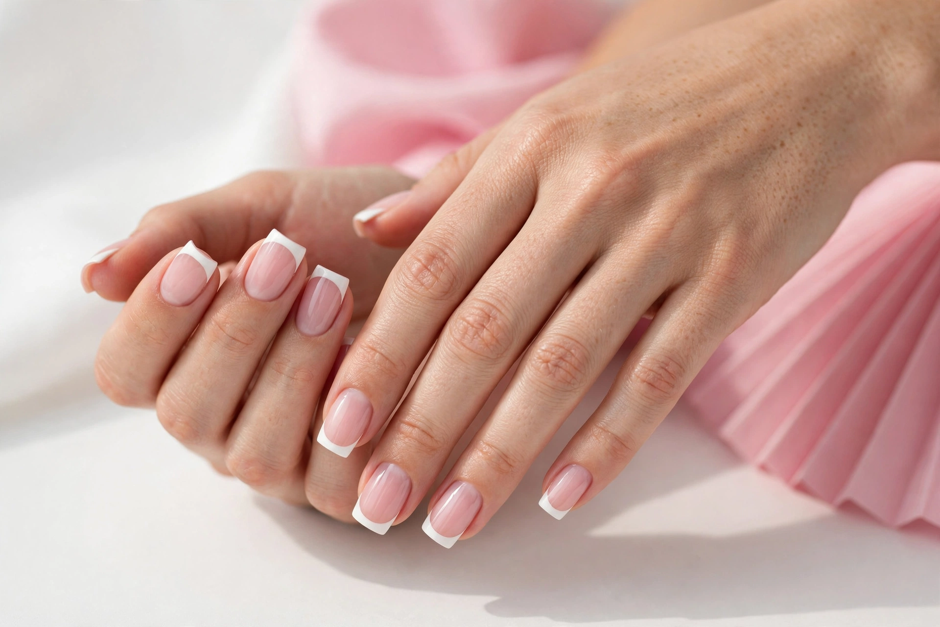 Square French tip nails with classic white tips on a sheer pink base, shown on a woman's hands against a white and soft pink background.