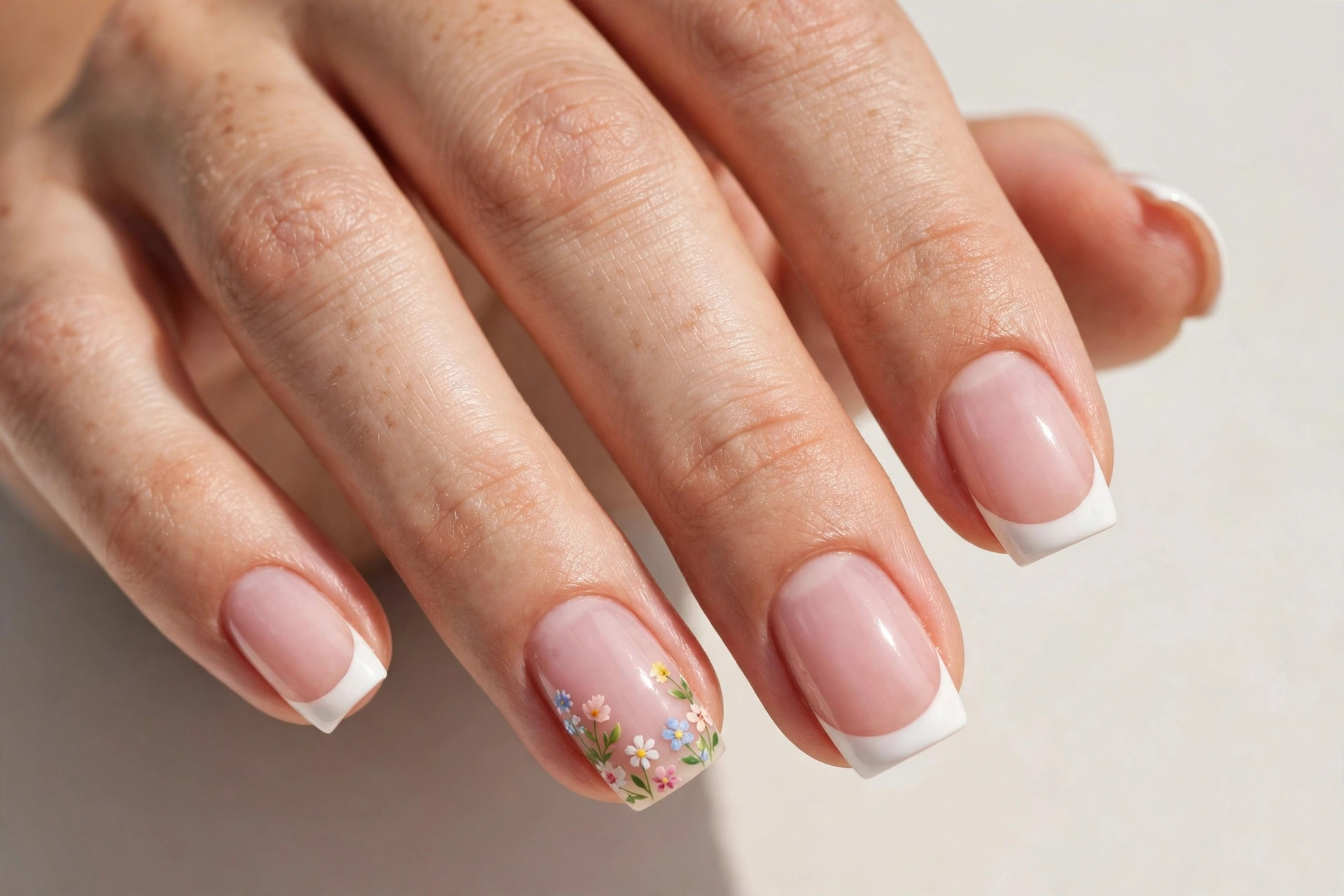 Floral square French tip nails with white tips and tiny painted flowers on one accent nail over a sheer pink base, shown on medium square nails.