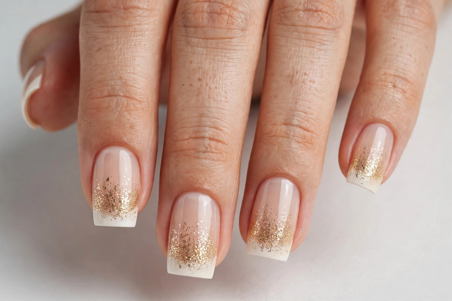 Square French tip nails with a gold glitter fade below white tips on a sheer nude base, shown on medium square nails.