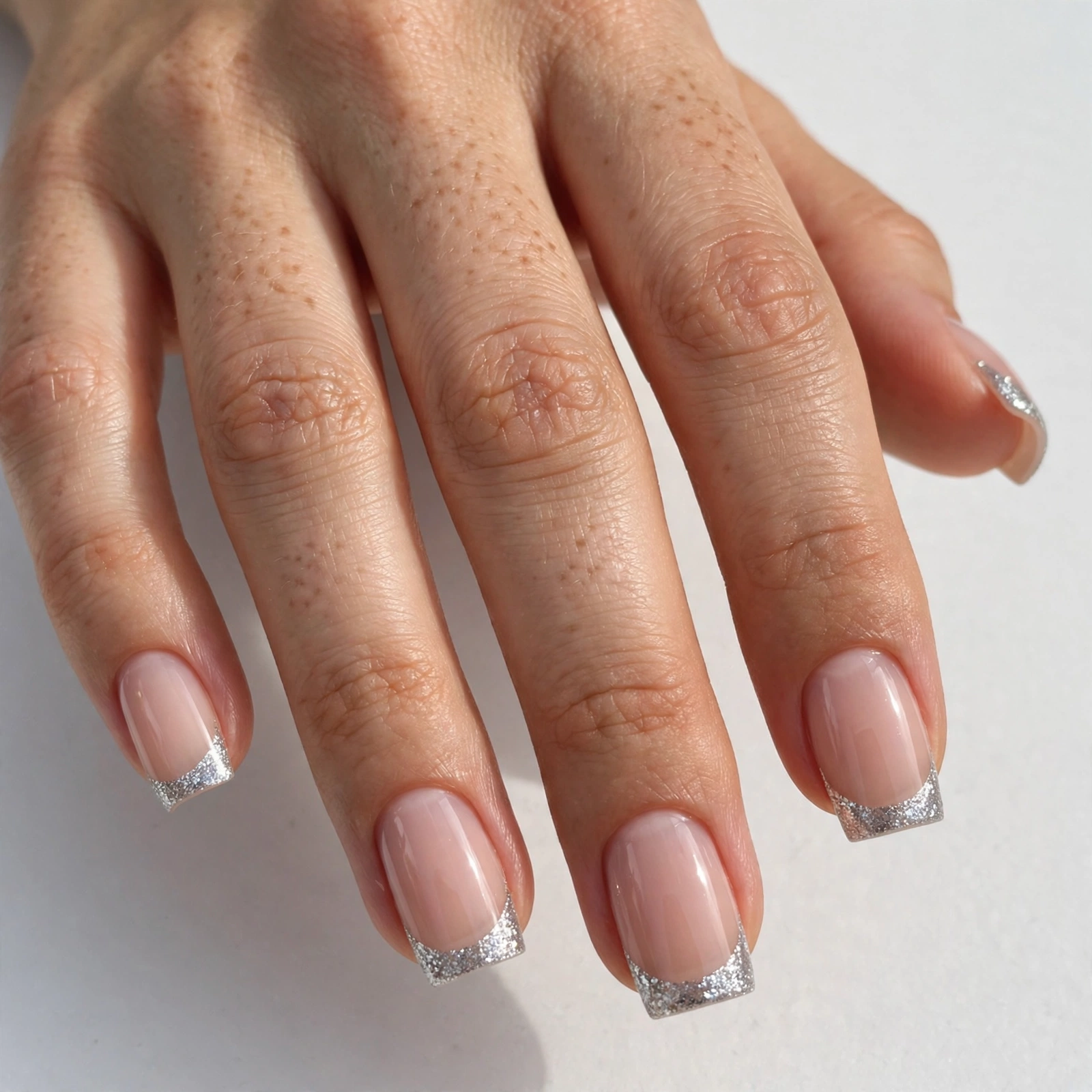 Glitter square French tip nails with silver glitter tips on a sheer nude base, shown on medium square nails.