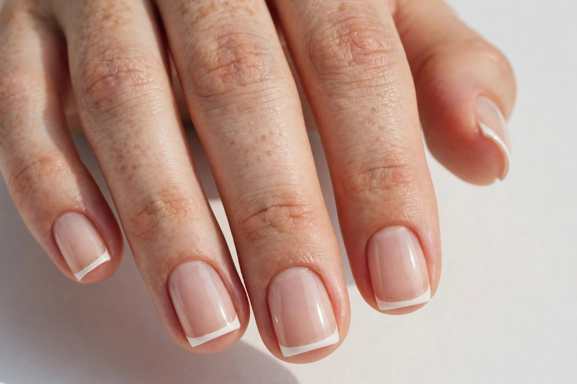Micro French square tip nails with ultra-thin white tips on a sheer nude base, shown on short square nails.