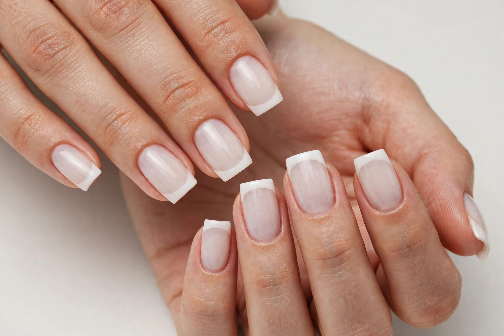 Milky white square French tip nails with soft white tips on a milky translucent base, shown on medium square nails.