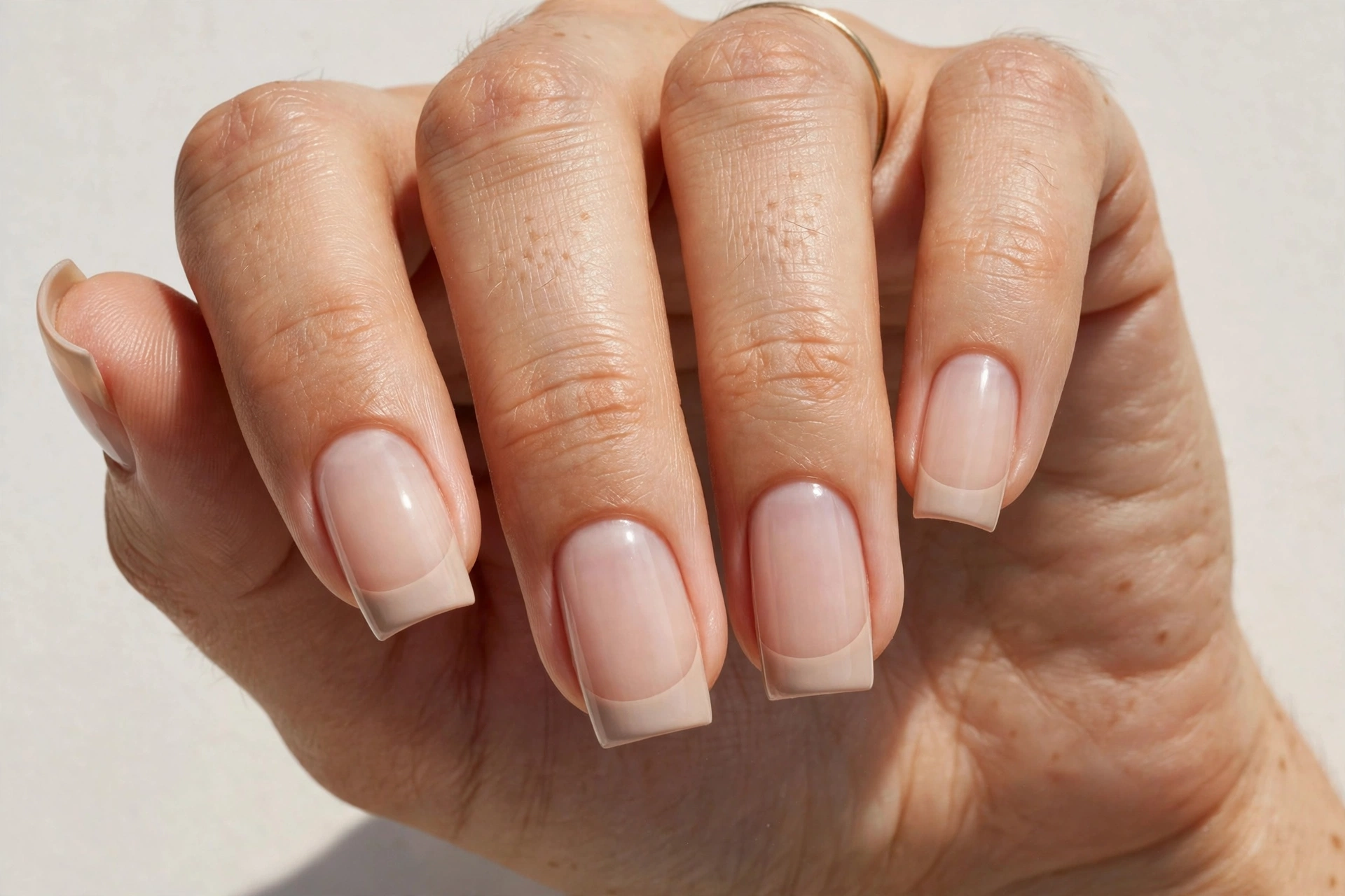 Nude square French tip nails with soft beige tips on a sheer nude base, shown on medium square nails.