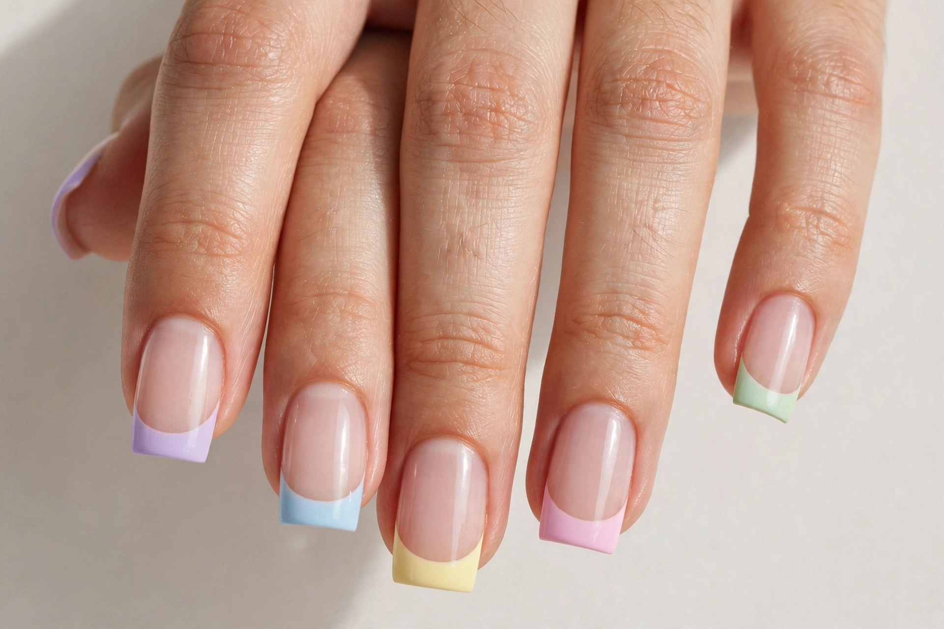 Pastel square French tip nails with a different soft pastel tip color on each nail over a sheer base, shown on medium square nails.