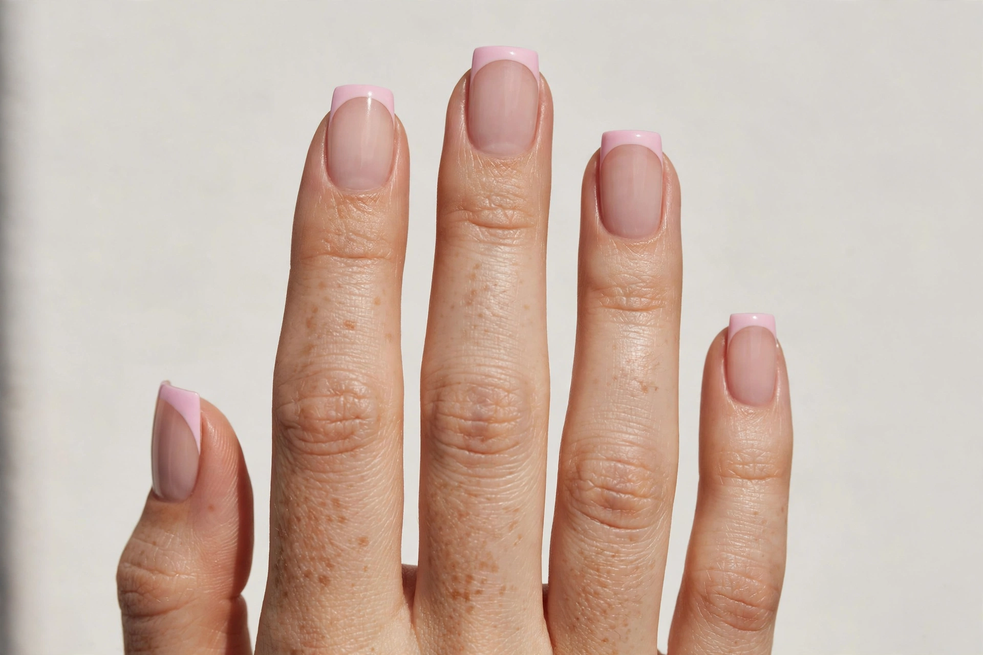 Pink square French tip nails with soft pink tips on a sheer nude base, shown on medium square nails.