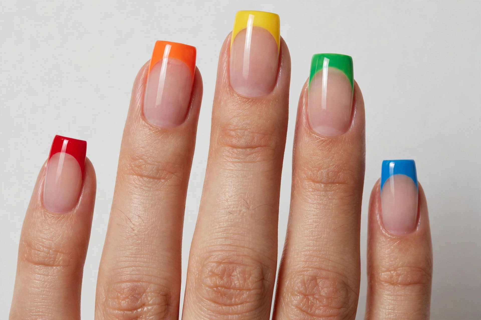 Colorful rainbow square French tip nails with a different bright tip color on each nail over a sheer nude base, shown on medium square nails.