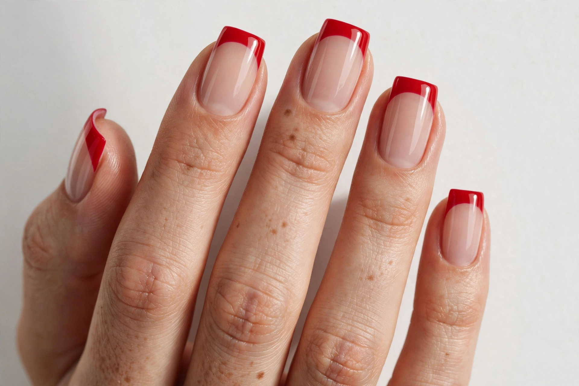Red square French tip nails with glossy red tips on a sheer nude base, shown on medium square nails.