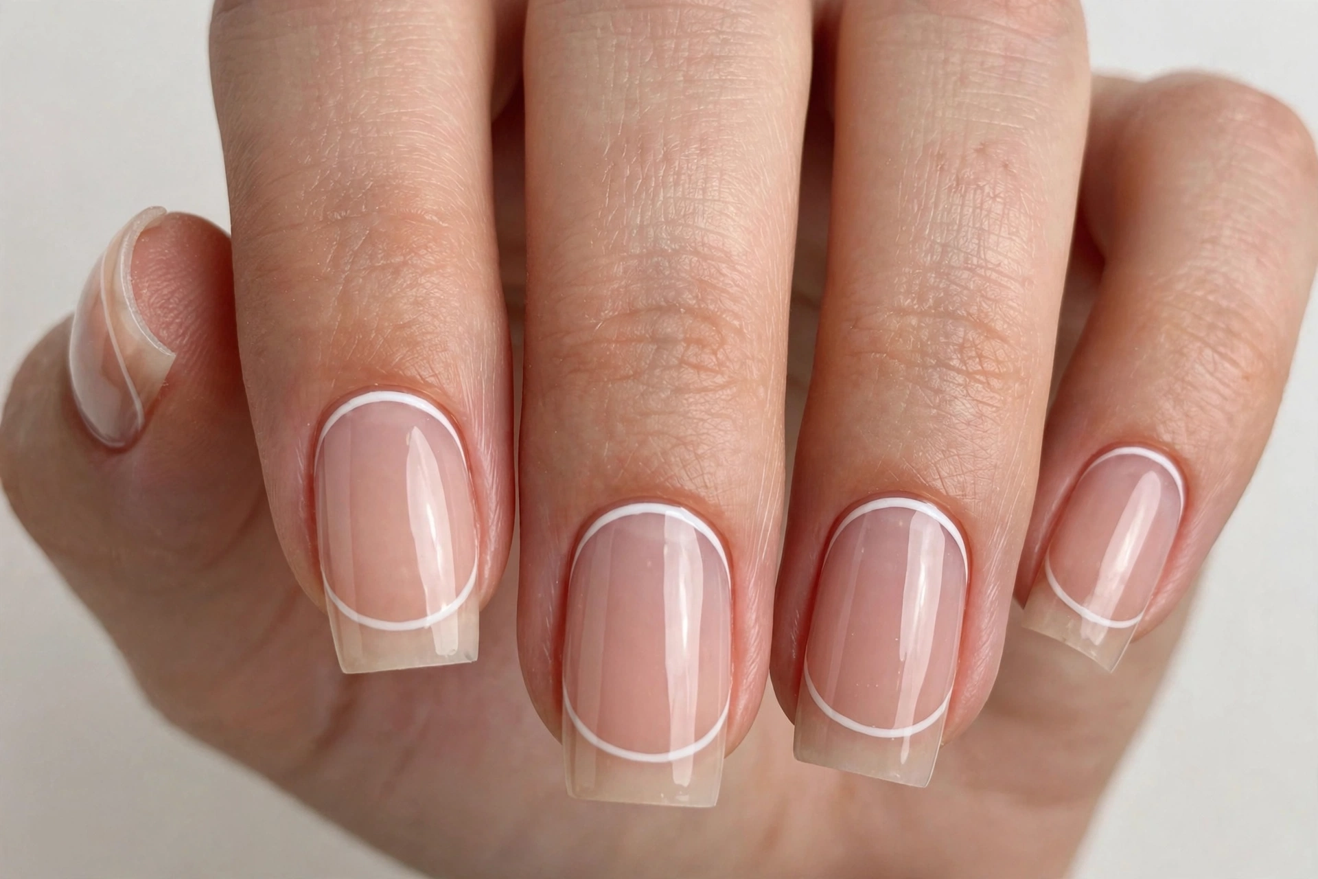 Reverse square French tip nails with the white accent along the cuticle line instead of the tip, on a sheer nude base, shown on medium square nails.