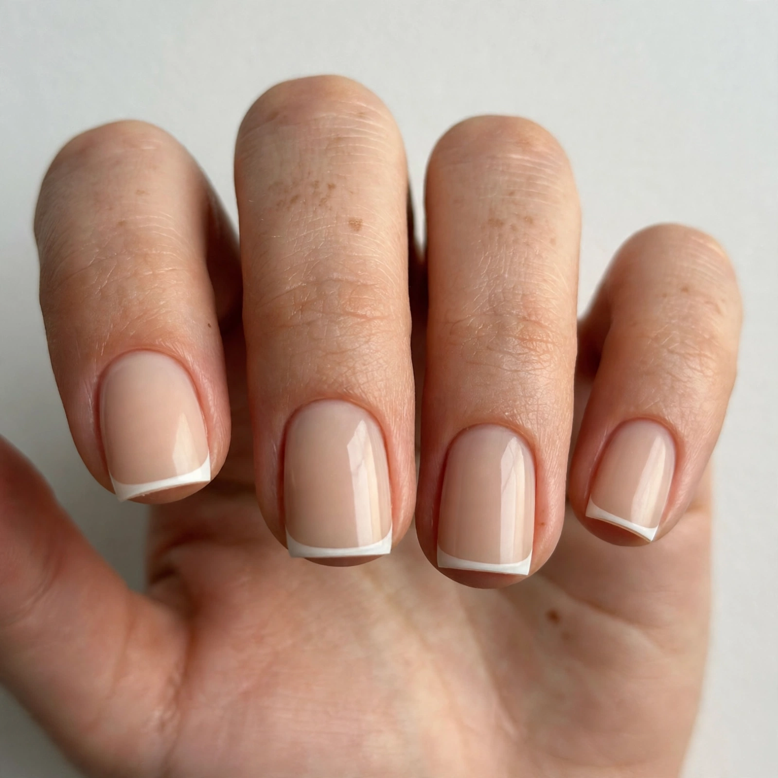 Short square French tip nails with thin white tips on a nude base, shown on short square nails.