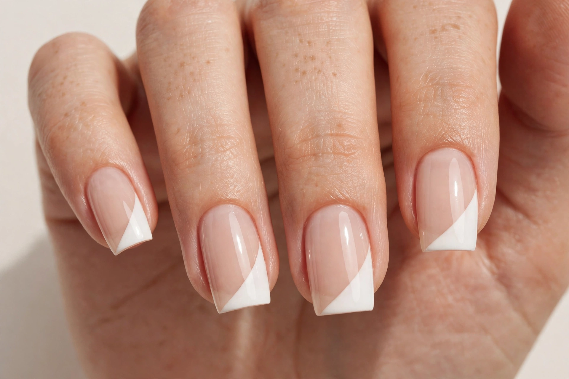 Side French square nails with a diagonal white tip sweeping from one side on a sheer nude base, shown on medium square nails.