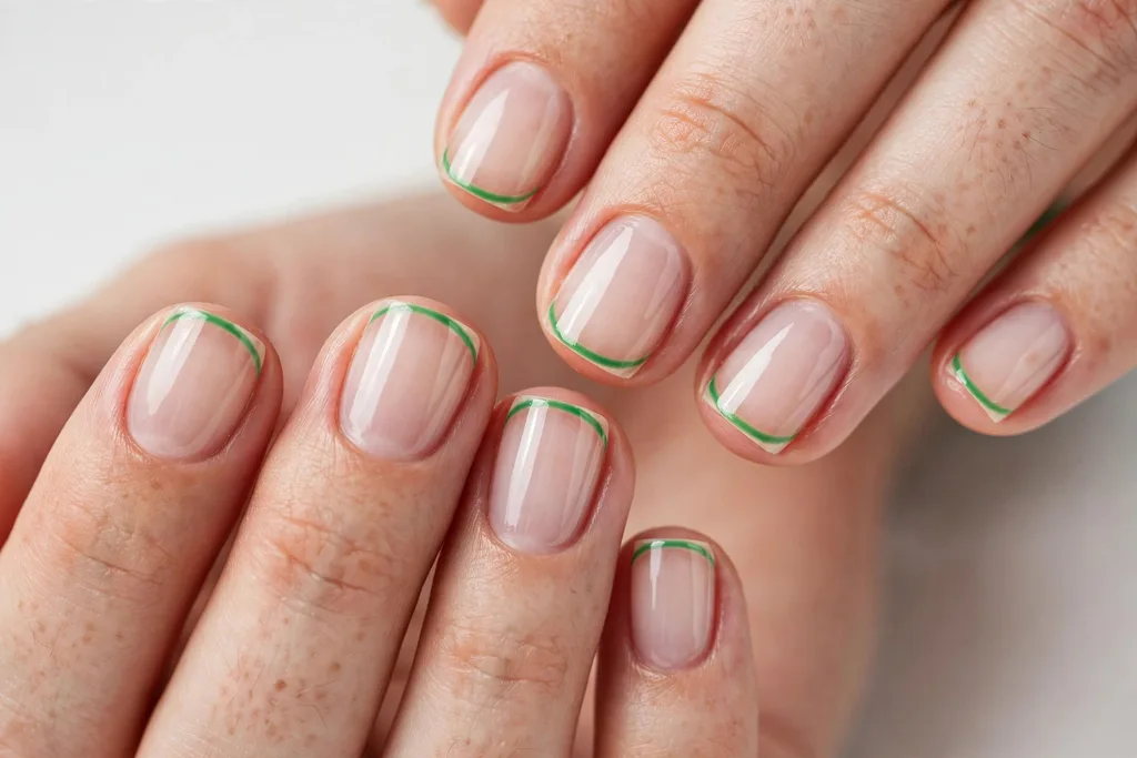 Clover Micro St. Patrick's Day French Tip Nails St. Patrick's Day French tip nails with an ultra-thin green micro tip line on a clear sheer base, shown on short squoval nails.