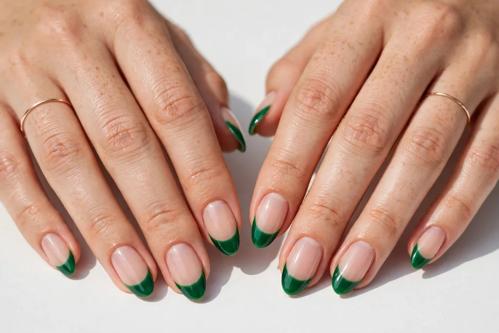 Emerald Green St. Patrick's Day French Tip Nails St. Patrick's Day French tip nails with rich emerald green glossy tips on a sheer nude base, shown on medium almond nails.