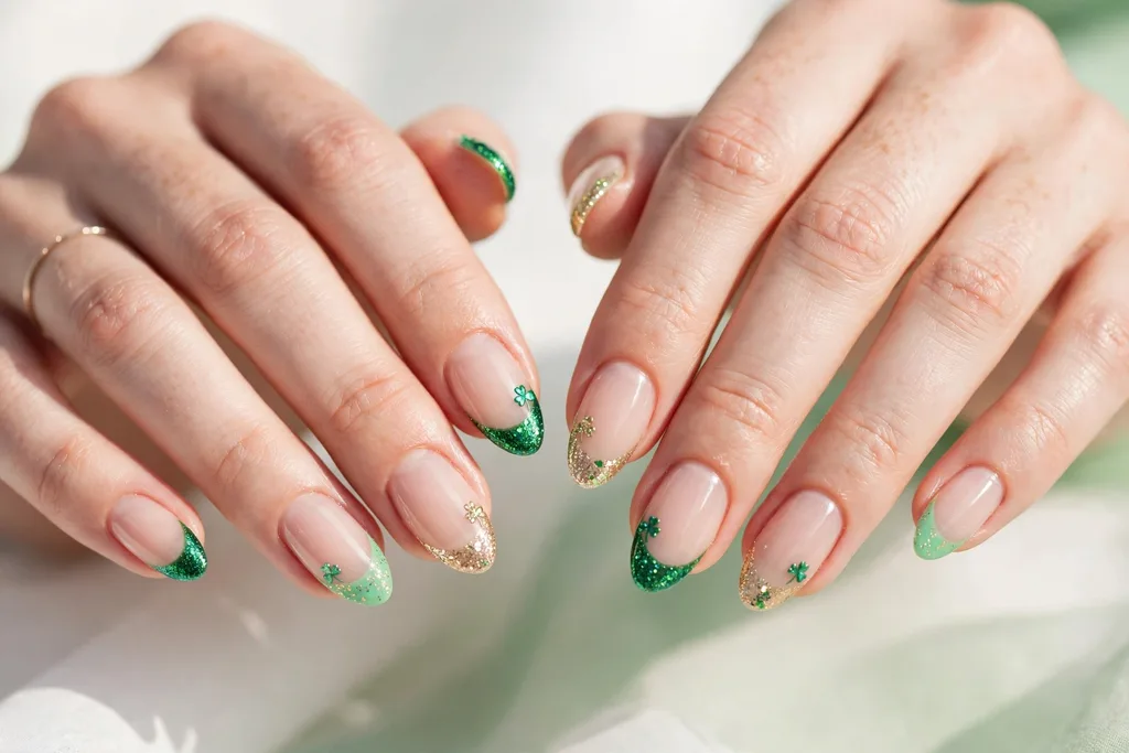 St. Patrick's Day French tip nails with emerald green, mint, and gold glitter tips and tiny shamrock accents on a sheer nude base, shown on a woman's hands against a white and soft green background.