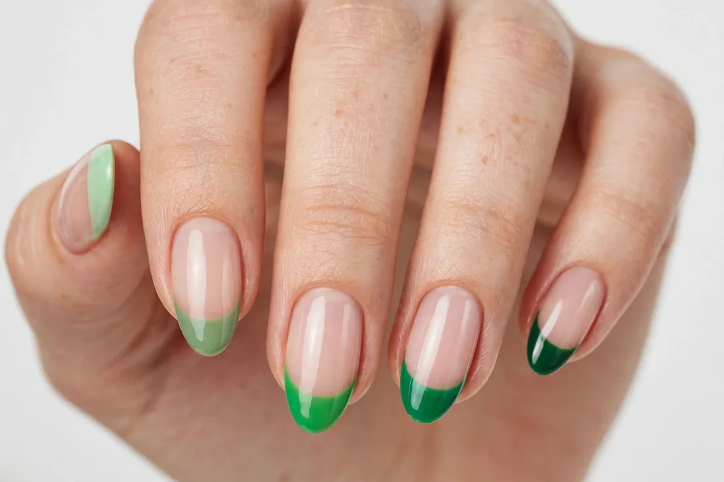 Five Shades of Green St. Patrick's Day French Tip Nails St. Patrick's Day French tip nails with a different green tip color on each nail, including mint, sage, kelly, emerald, and forest green, on a sheer nude base, shown on medium almond nails.