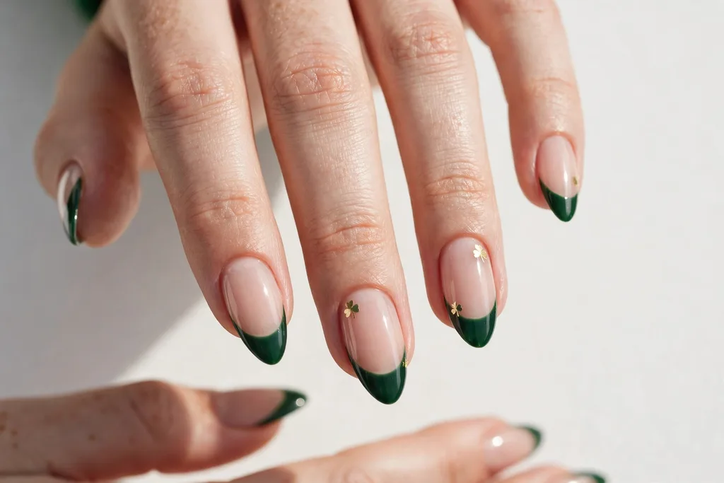 Forest Green St. Patrick's Day French Tip Nails St. Patrick's Day French tip nails with deep forest green tips on a sheer nude base, shown on long almond nails.