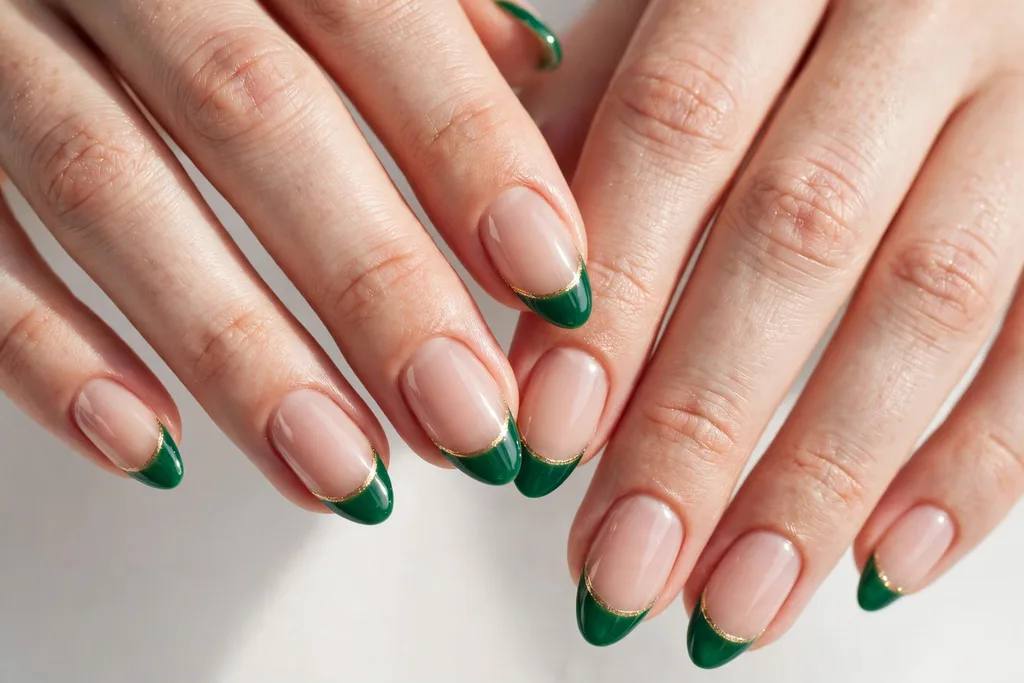 Gold-Edged Green St. Patrick's Day French Tip Nails St. Patrick's Day French tip nails with emerald green tips edged with a thin metallic gold line along the smile line on a sheer nude base, shown on medium almond nails.