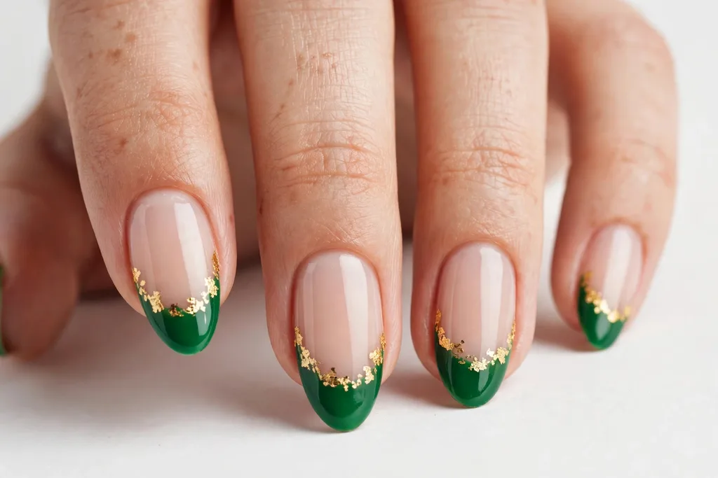 Gold Foil St. Patrick's Day French Tip Nails St. Patrick's Day French tip nails with green tips and irregular gold foil flakes along the smile line on a sheer nude base, shown on medium almond nails.