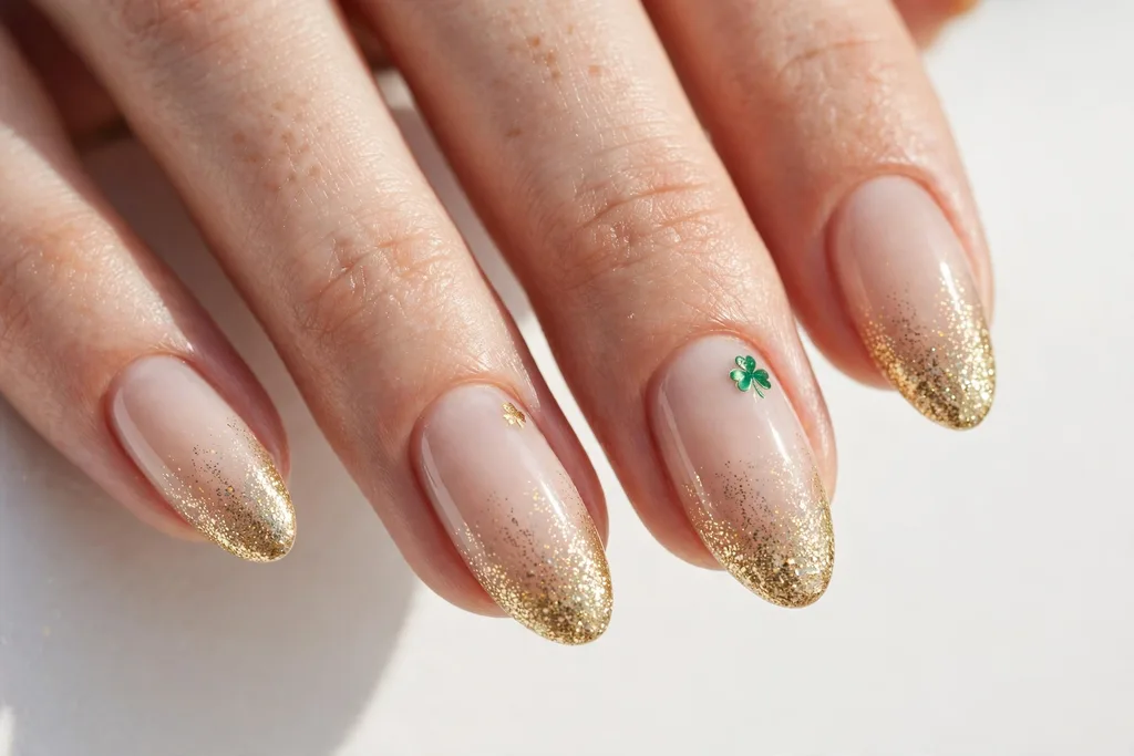 Gold Glitter Fade St. Patrick's Day French Tip Nails St. Patrick's Day French tip nails with gold glitter tips fading into a sheer nude base, shown on medium almond nails.