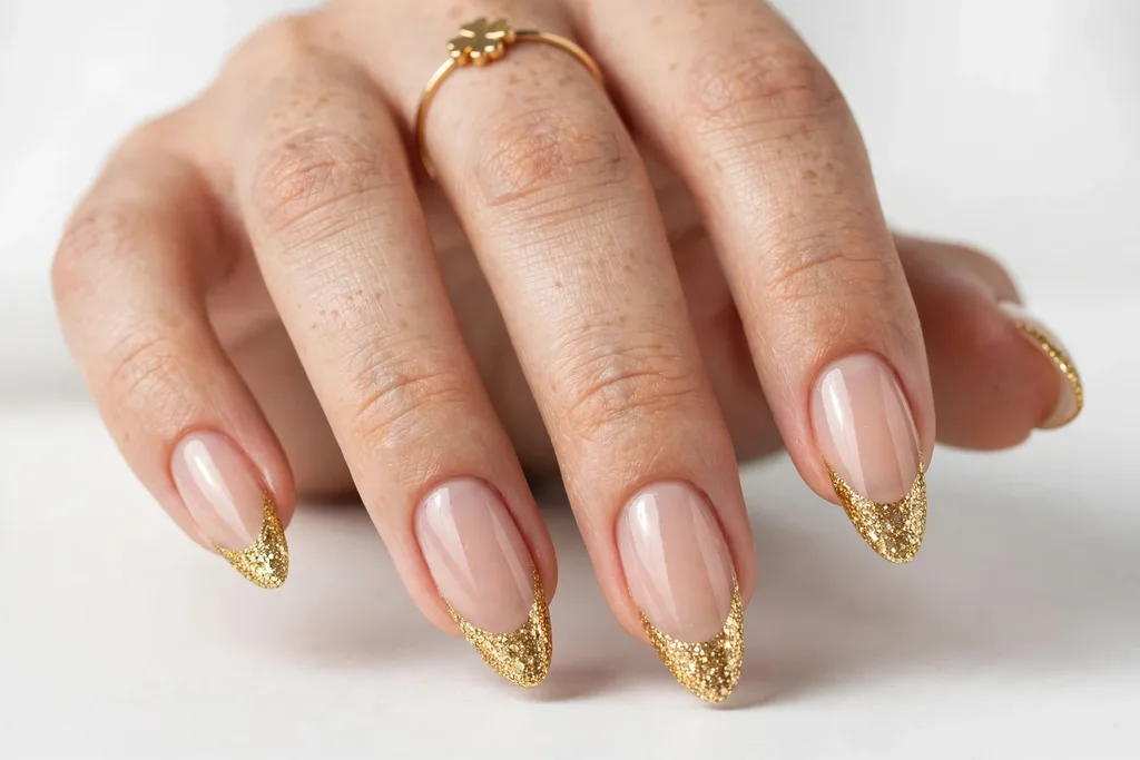 Pot of Gold Glitter St. Patrick's Day French Tip Nails St. Patrick's Day French tip nails with dense gold glitter tips on a sheer nude base, shown on long almond nails.
