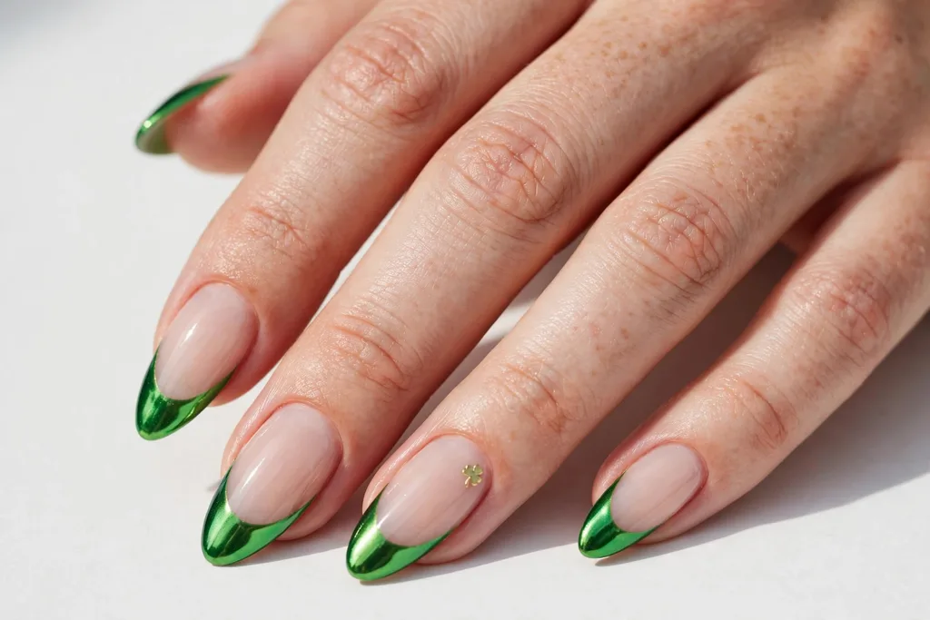 Green Chrome St. Patrick's Day French Tip Nails St. Patrick's Day French tip nails with green chrome mirror tips on a sheer nude base, shown on long almond nails.