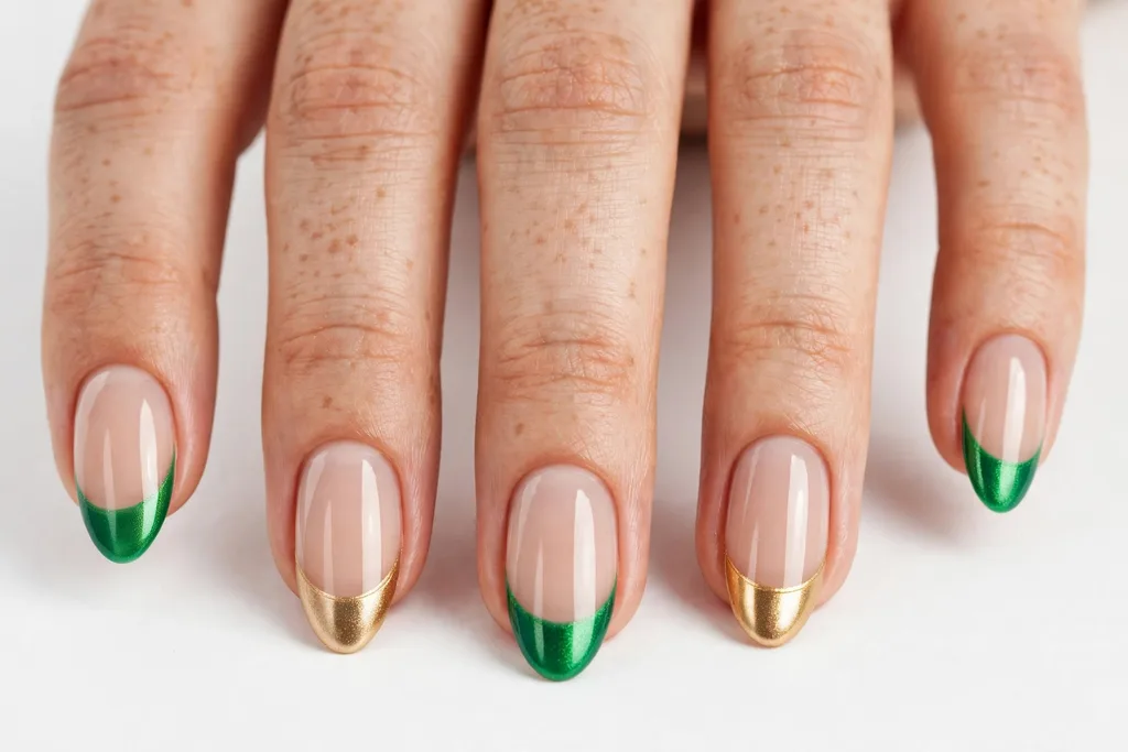 Green and Gold Two-Tone St. Patrick's Day French Tips St. Patrick's Day French tip nails alternating emerald green and metallic gold tips on a sheer nude base, shown on medium almond nails.