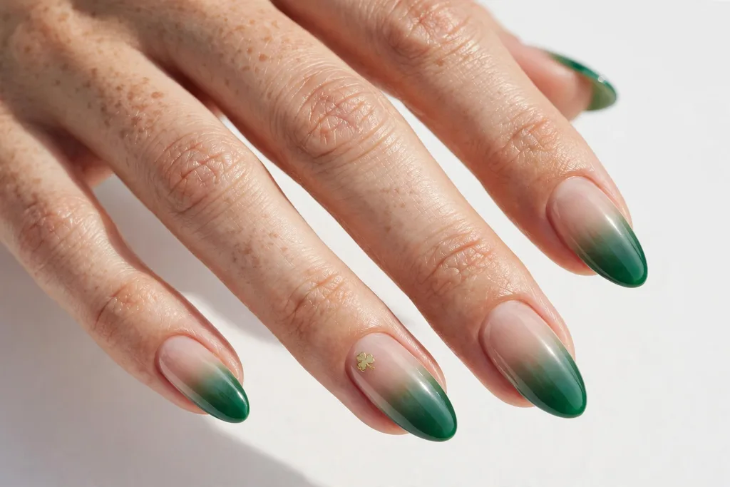 Green Ombre St. Patrick's Day French Tip Nails St. Patrick's Day French ombre nails with tips fading from deep green into a sheer nude base, shown on medium almond nails.