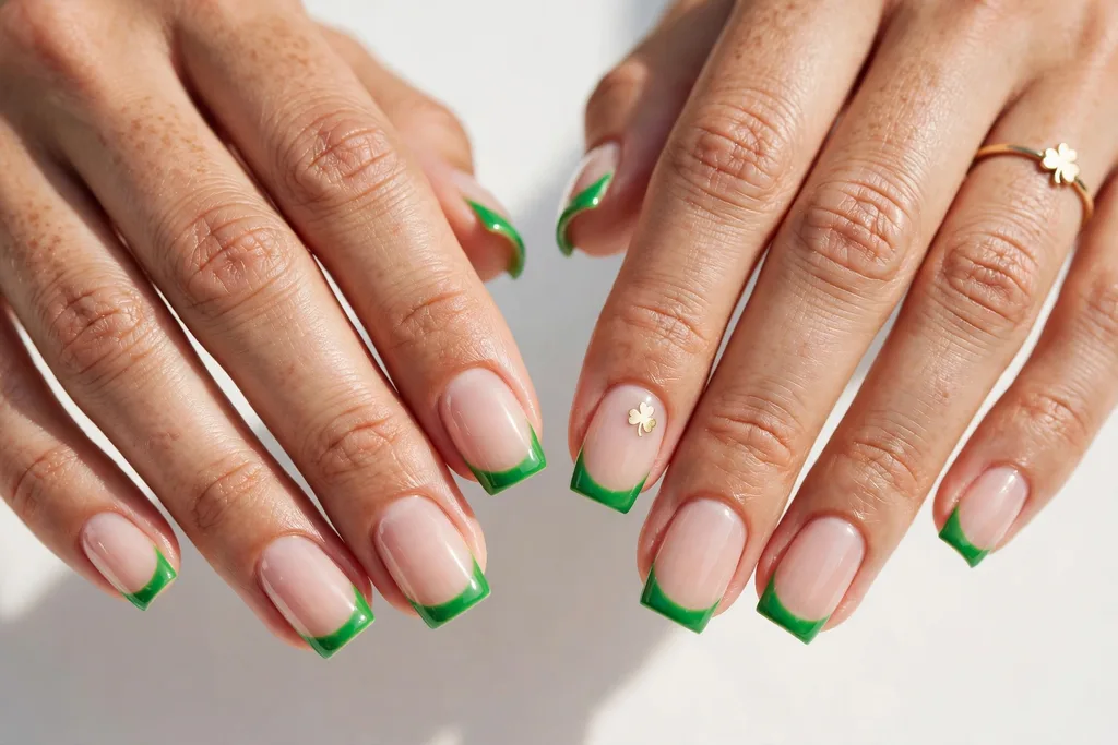Kelly Green St. Patrick's Day French Tip Nails St. Patrick's Day French tip nails with bright kelly green tips on a sheer nude base, shown on medium square nails.