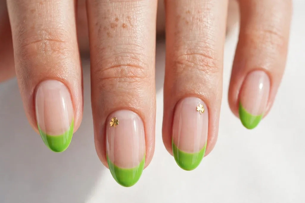 Lime Green St. Patrick's Day French Tip Nails St. Patrick's Day French tip nails with vivid lime green tips on a sheer nude base, shown on medium almond nails.