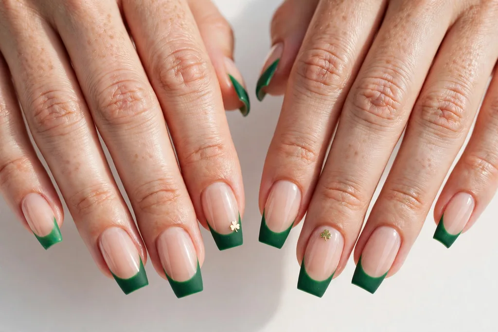 Matte Green St. Patrick's Day French Tip Nails St. Patrick's Day French tip nails with matte emerald green tips on a soft sheer nude base, shown on medium coffin nails.