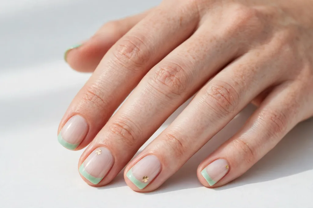Mint Green St. Patrick's Day French Tip Nails St. Patrick's Day French tip nails with soft mint green tips on a milky nude base, shown on short squoval nails.