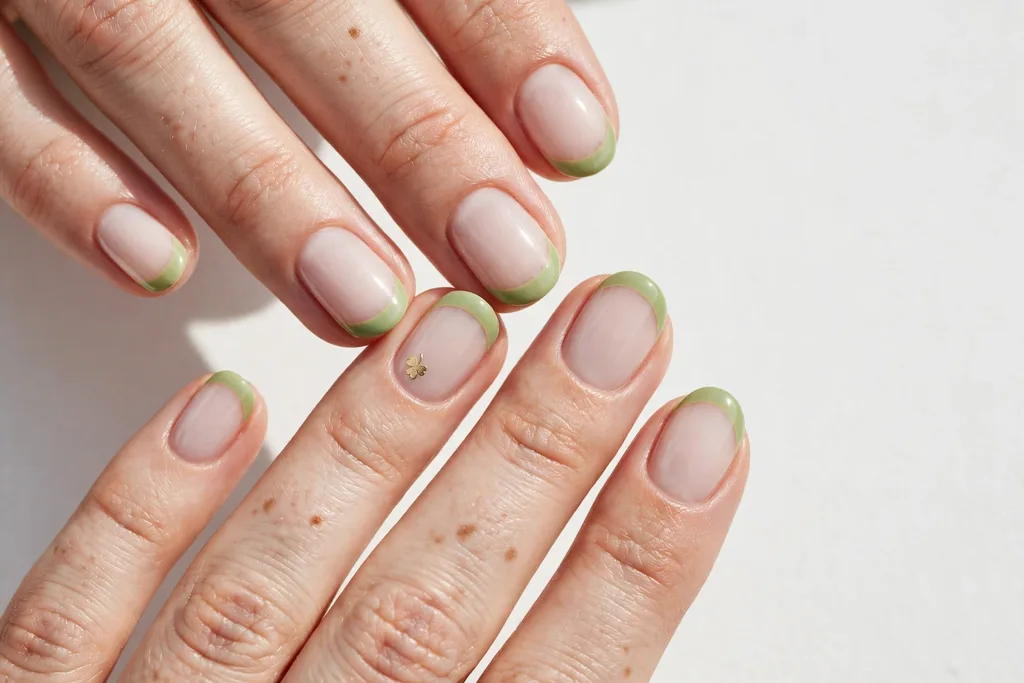 Pistachio Green St. Patrick's Day French Tip Nails St. Patrick's Day French tip nails with soft pistachio green tips on a milky nude base, shown on short oval nails.
