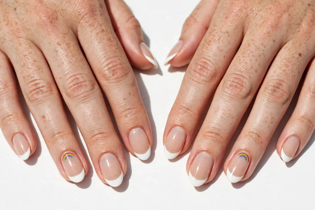 Rainbow Accent St. Patrick's Day French Tip Nails St. Patrick's Day French tip nails with white tips and one tiny rainbow arc painted on each ring finger accent nail, shown on medium almond nails with a sheer nude base.