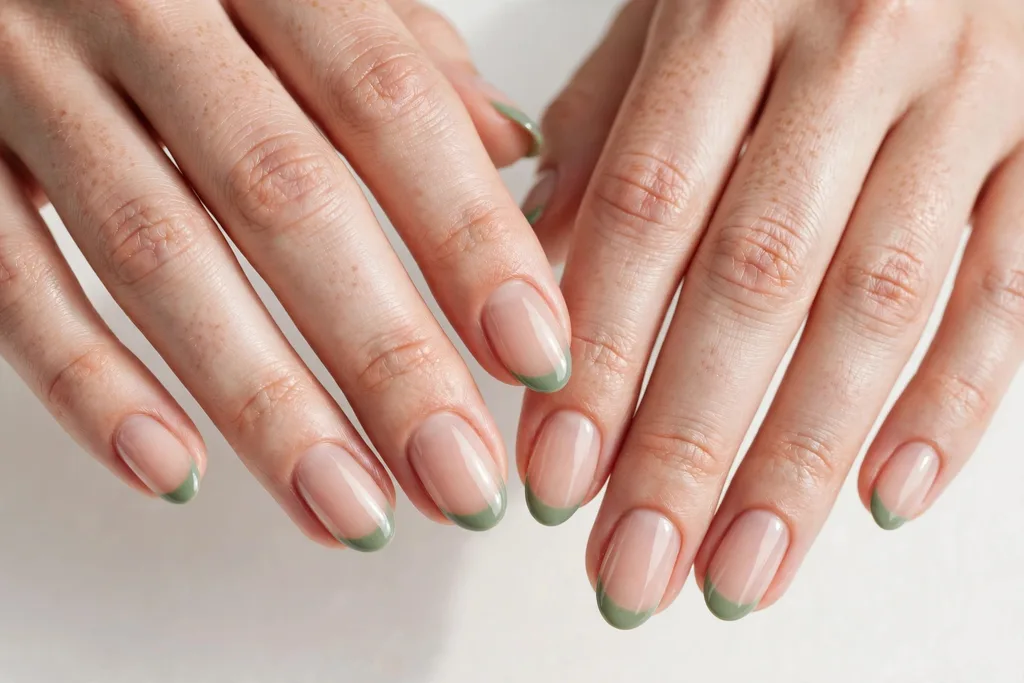 Sage Green St. Patrick's Day French Tip Nails St. Patrick's Day French tip nails with muted sage green tips on a sheer nude base, shown on medium oval nails.