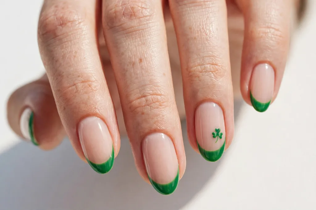 Tiny Shamrock Accent St. Patrick's Day French Tips St. Patrick's Day French tip nails with green tips and one tiny shamrock painted on each ring finger accent nail, shown on medium almond nails with a sheer nude base.