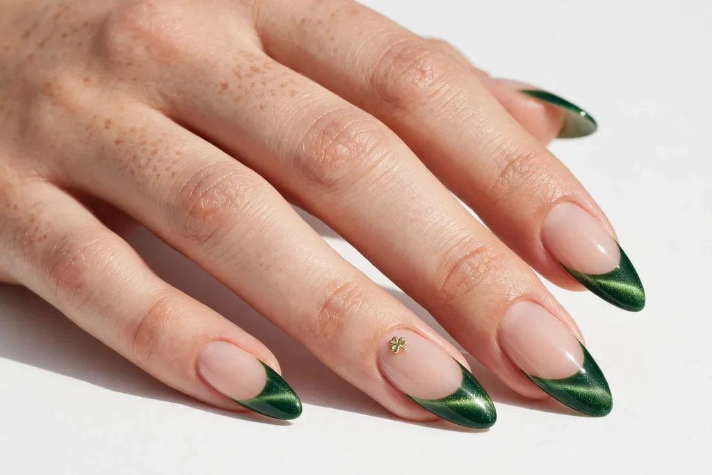 Velvet Cat-Eye Green St. Patrick's Day French Tip Nails St. Patrick's Day French tip nails with deep green cat-eye magnetic tips with a soft velvet light band on a sheer nude base, shown on long almond nails.